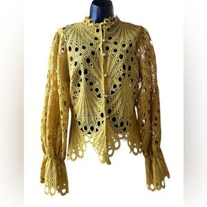 Fashion Nova Gorgeous Yellow Lace Top With Scalloped Trim and Button Front
